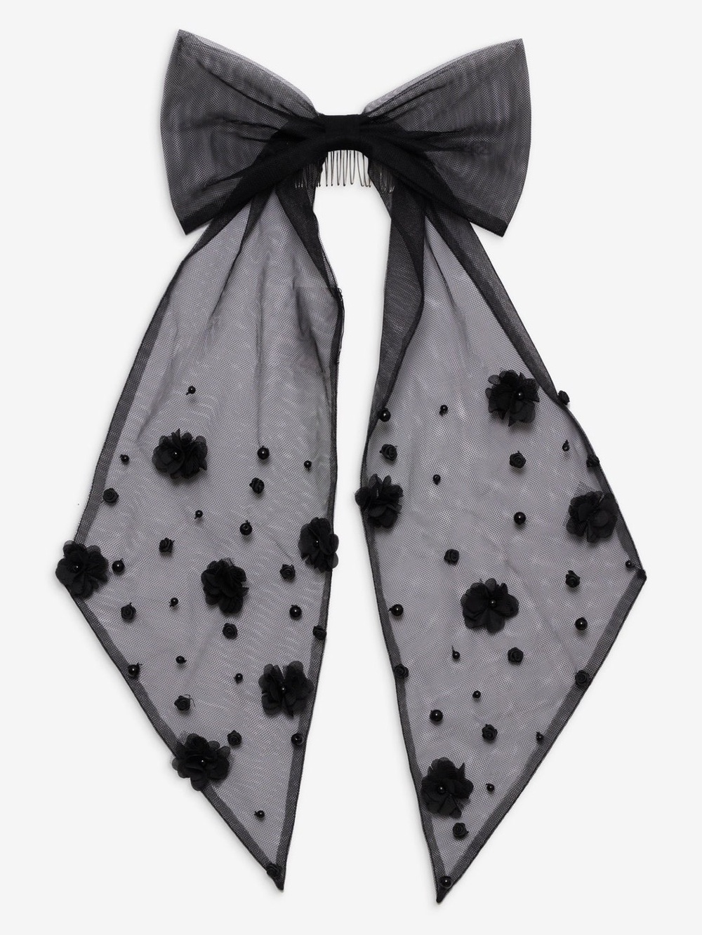 For Love And Lemons Black Floral Mesh Bow Scarf with Comb